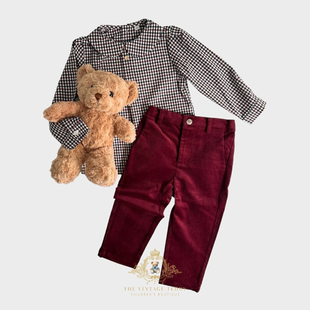 NWT Handsome Boys Long Sleeve Dress Shirt & Pants Fall Gingham Burgundy/Navy 2T - Picture 1 of 5